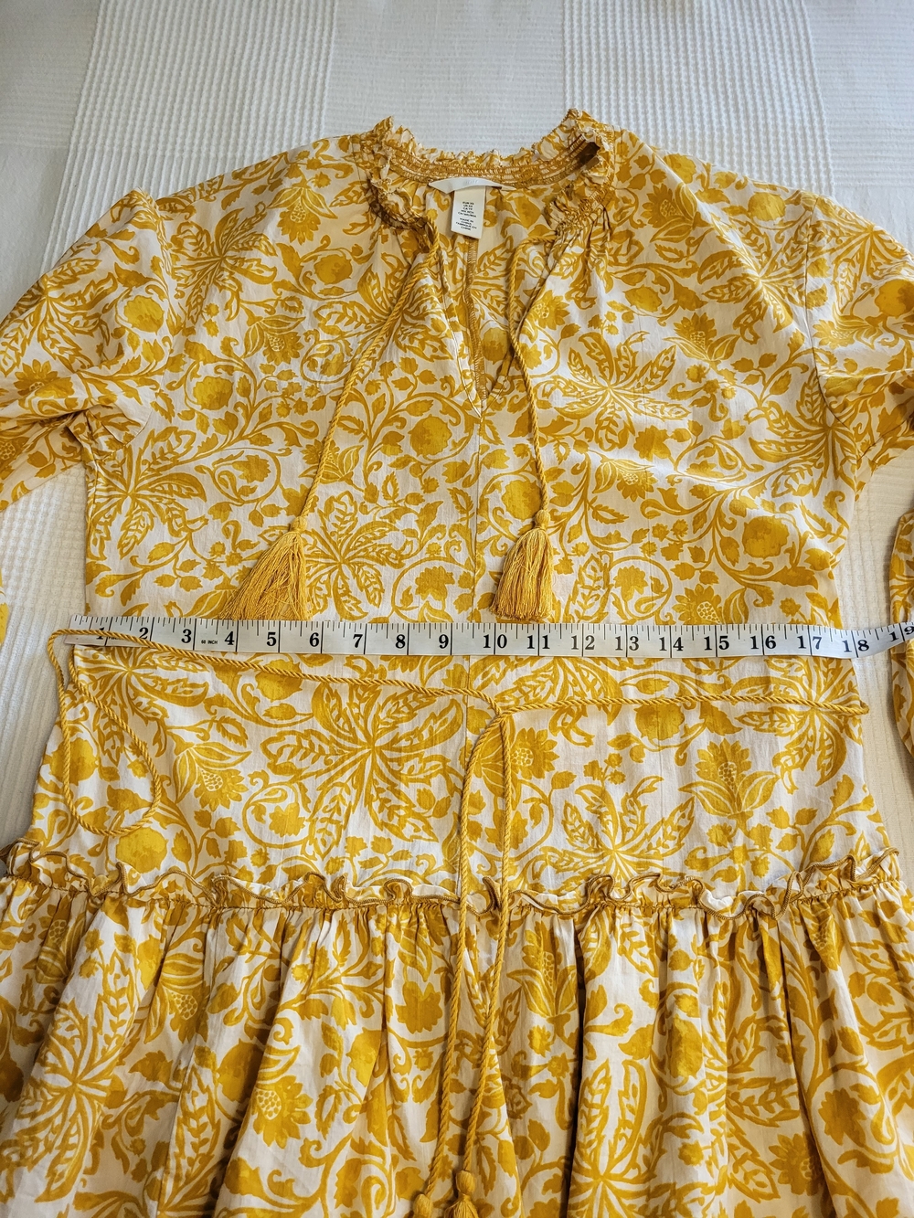 H&M 100% Cotton Top/Dress Yellow/White Floral Tie-Waist Long Sleeve XS -Like New - Picture 10 of 14